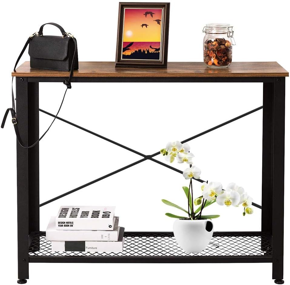 Shotbow Rustic Farmhouse Wood Dining Room Table, Rectangular Dining Table with Shelf Vintage Console Sofa Side Table Mltifunction Space Saving Metal Frame Table for Entryway, Ship from US (Retro)