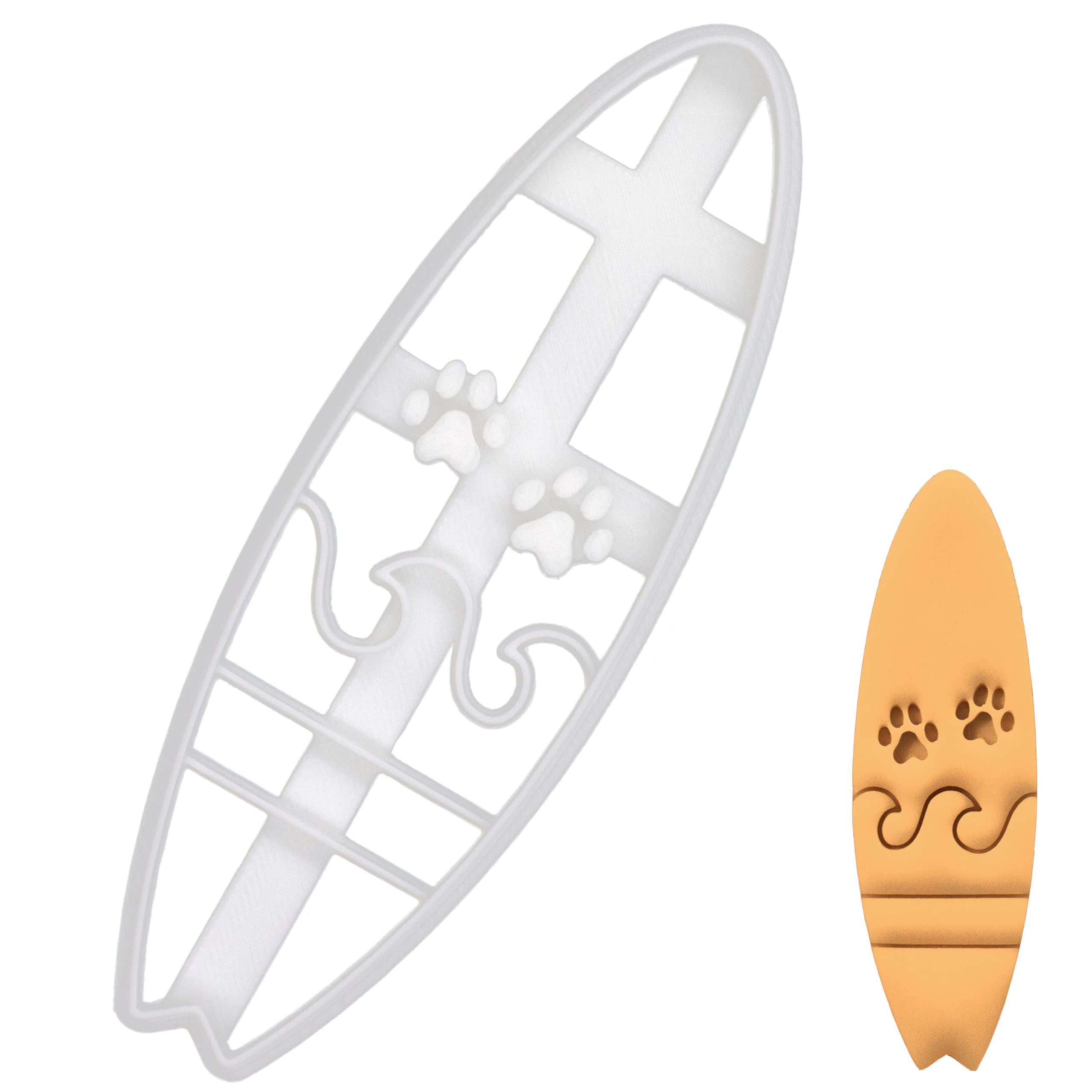 BAKERLOGY Surfboard with Paw Prints Cookie Cutter - Detailed Biscuit Cutter Design for Baking and Crafts, Ideal on Fondant, Dough, Clay