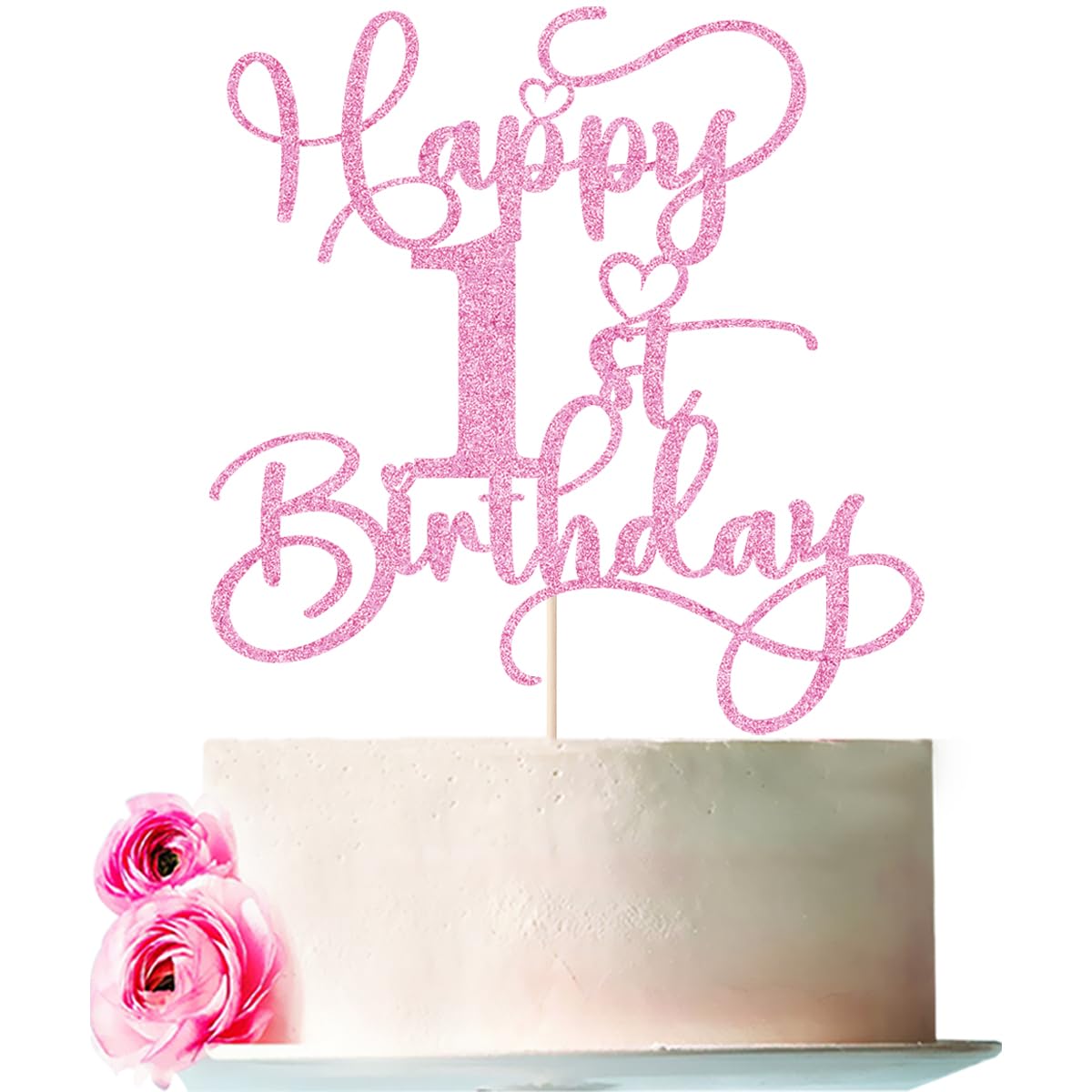 Photo 1 of Bejotaa Pink Happy 1st Birthday Cake Topper 1pcs Glitter Cake Topper for One Birthday/Anniversary Theme Party Cake Decorations Supplies (1st)