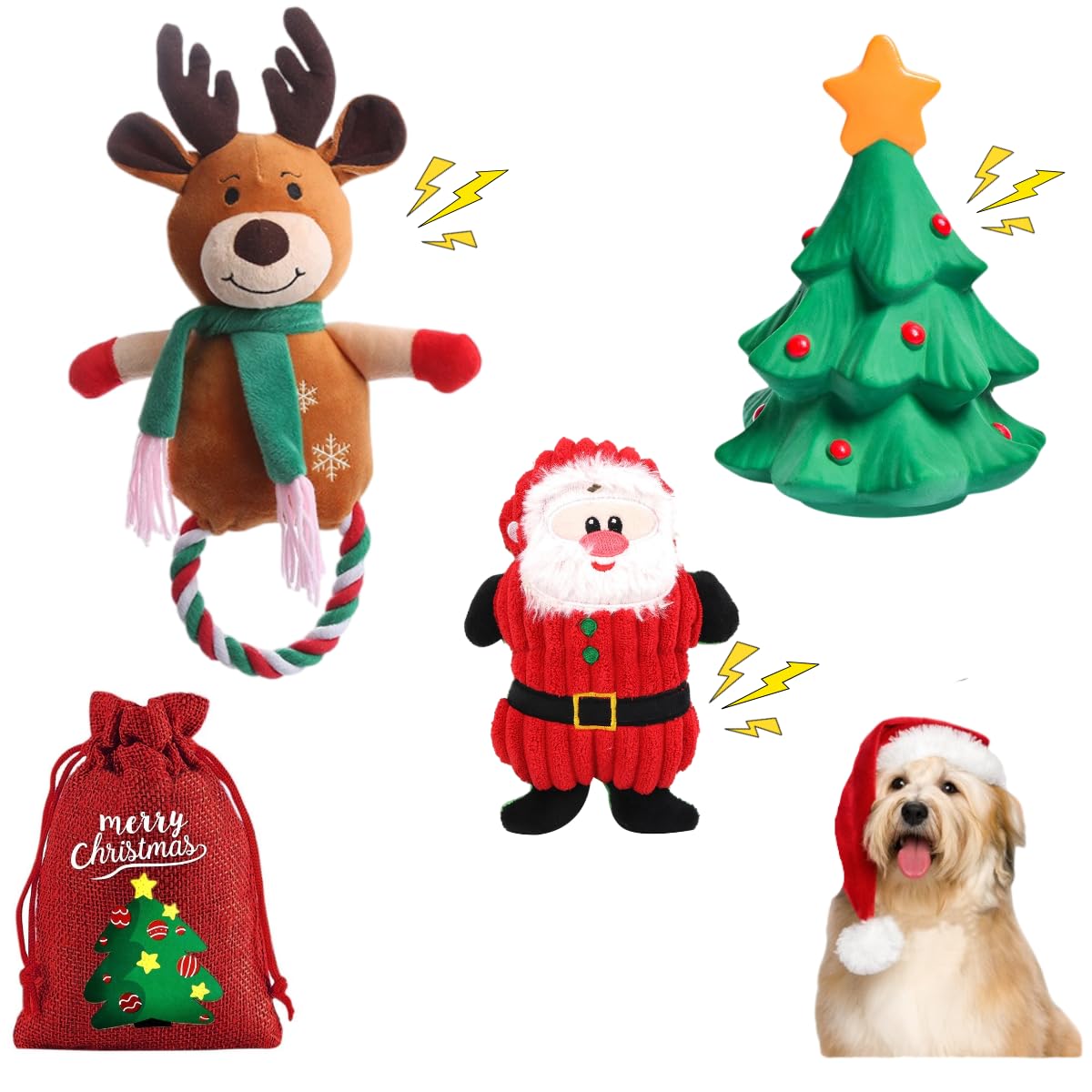 Little Bean Christmas Dog Squeaky Toy Dog Chew Toy 3pcs Set Santa,Christmas Tree and Trindeer Plush Dog Toys for Small Dogs with Squeakers Durable Interactive Puppy Chew Toys (Christmas set)