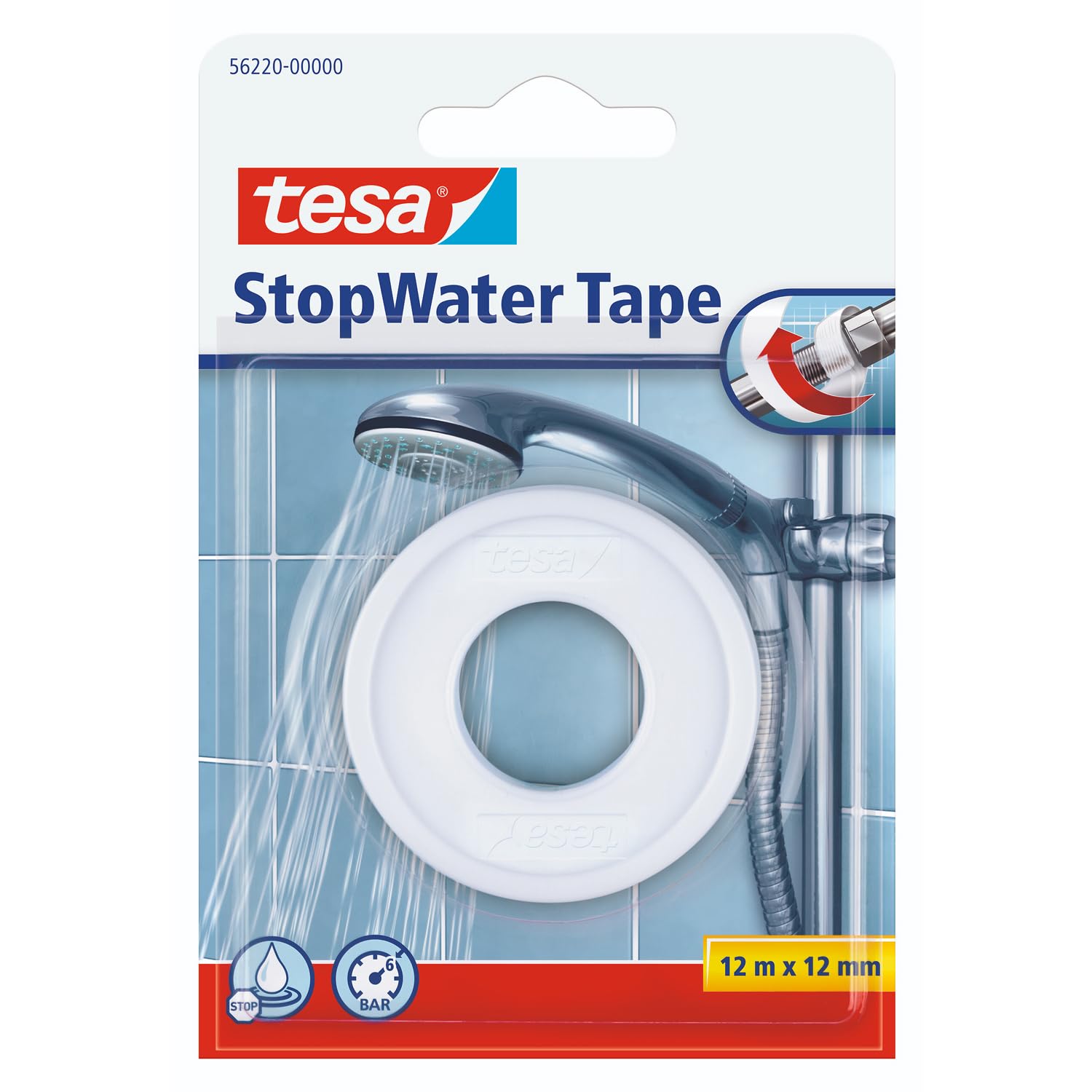 tesa Dichtungsband StopWater, wasserfestes Abdichten, Druckbeständigkeit bis zu 6 bar, einfache Anwendung, 12m x 12mm, weiss