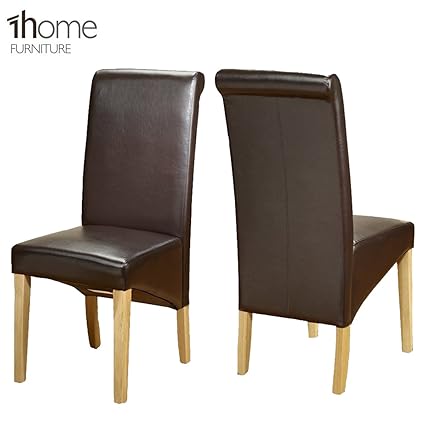 2 X 1home Leather Dining Chair W Oak Finish Wood Legs Roll Top High Back Brown