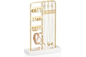 ChuStory Jewelry Holder, Jewelry Stand with Metal Frame and Velvet Tray, Jewelry Stand Organizer(White)