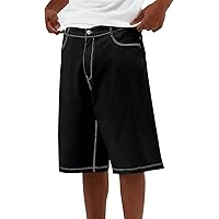 Pivanzore Mens Loose Denim Shorts Baggy Casual Wide Leg Mid Jean