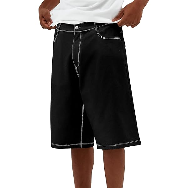 Pivanzore Men Baggy Denim Shorts Loose Fit Zipper Button Jean