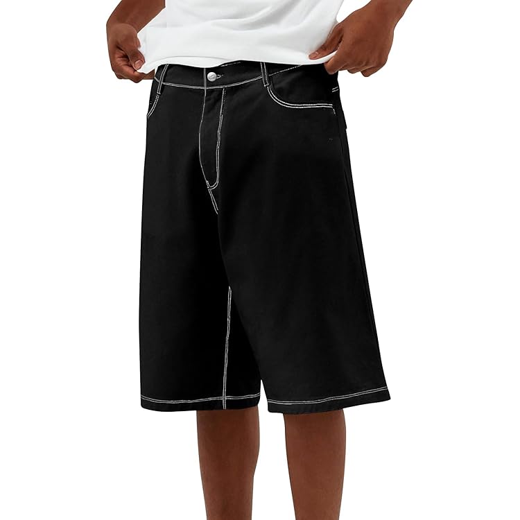 Pivanzore Men Baggy Denim Shorts Loose Fit Zipper Button Jean