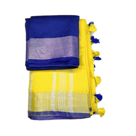 Women's linen slub Sarees with blouse piece for women MTB876N (Yellow)