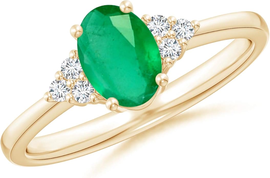 Solitaire Oval Emerald Ring with Trio Diamond Accents in 14K Yellow