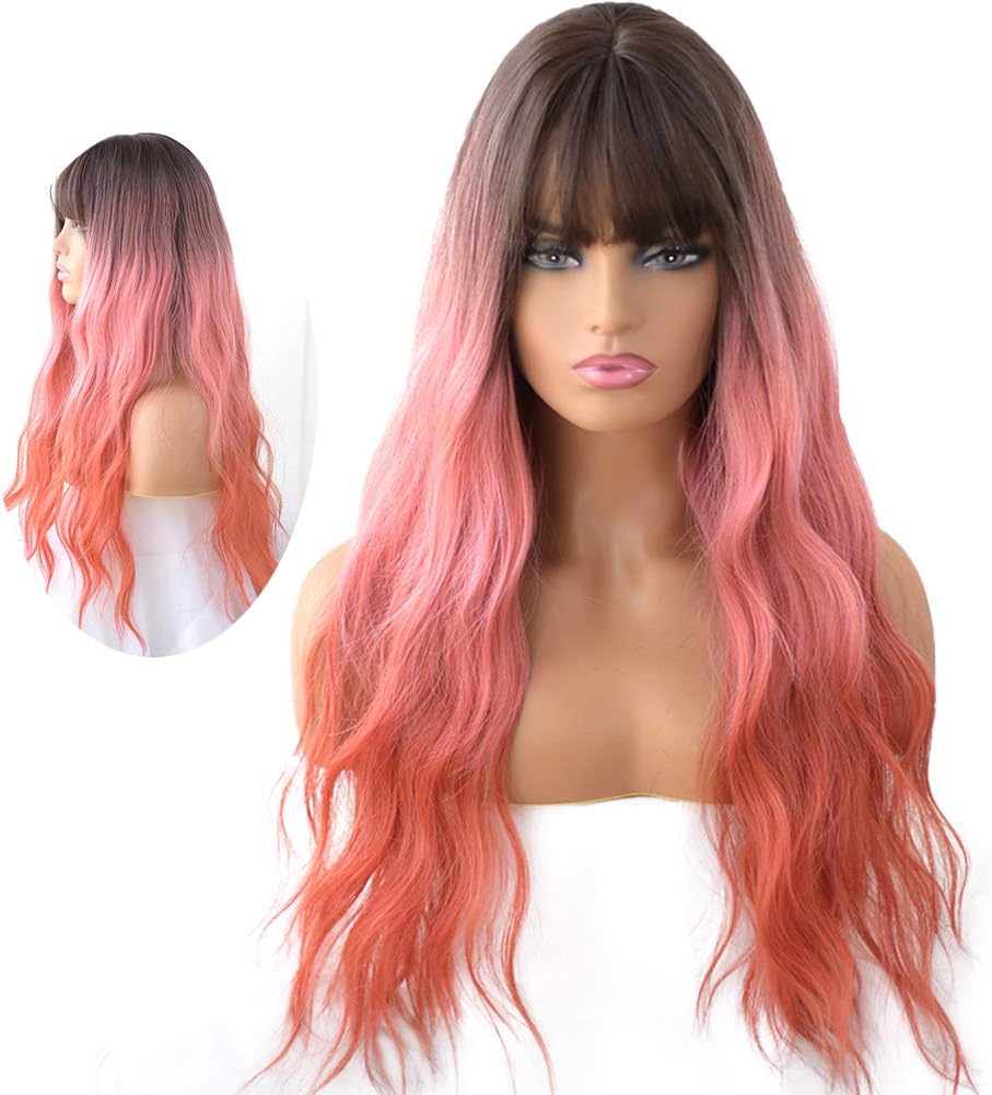 7JHH WIG Orange Red Ombre Long Wavy Curly Wig With Bangs Women'S Synthetic Hair Wig For Daily Use And Girl Cosplay Water Wave Curls 27 Inch