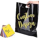 Custom Printed Plastic Shopping Bags, Personalized Plastic Bags with Full Color Logo, Black Merchandise Bag with Handle for Boutique, Business, Clothing, Gift (100)