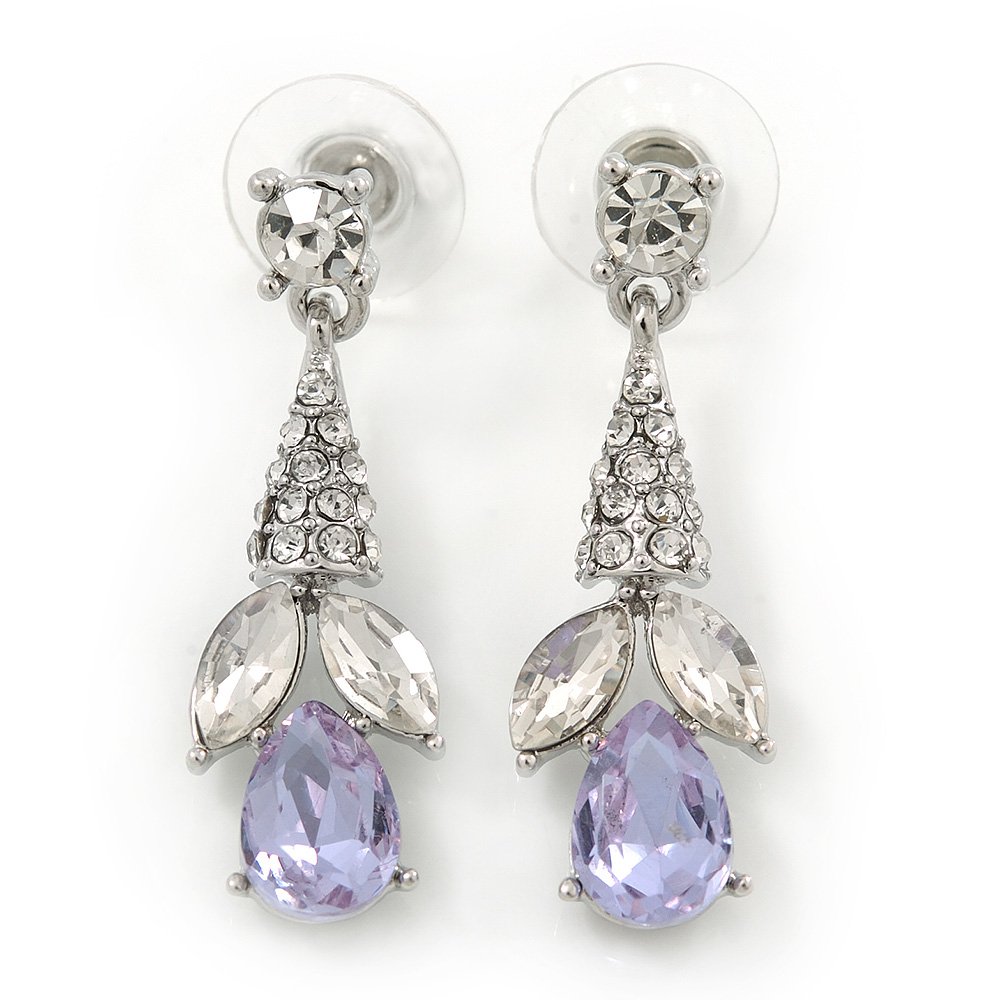 Clear/Amethyst Crystal Drop Earrings/Rhodium Plated/ 37mm L