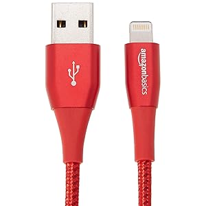 AmazonBasics Double Nylon Braided USB A Cable with Lightning Connector, Premium Collection - 6-Foot, Red