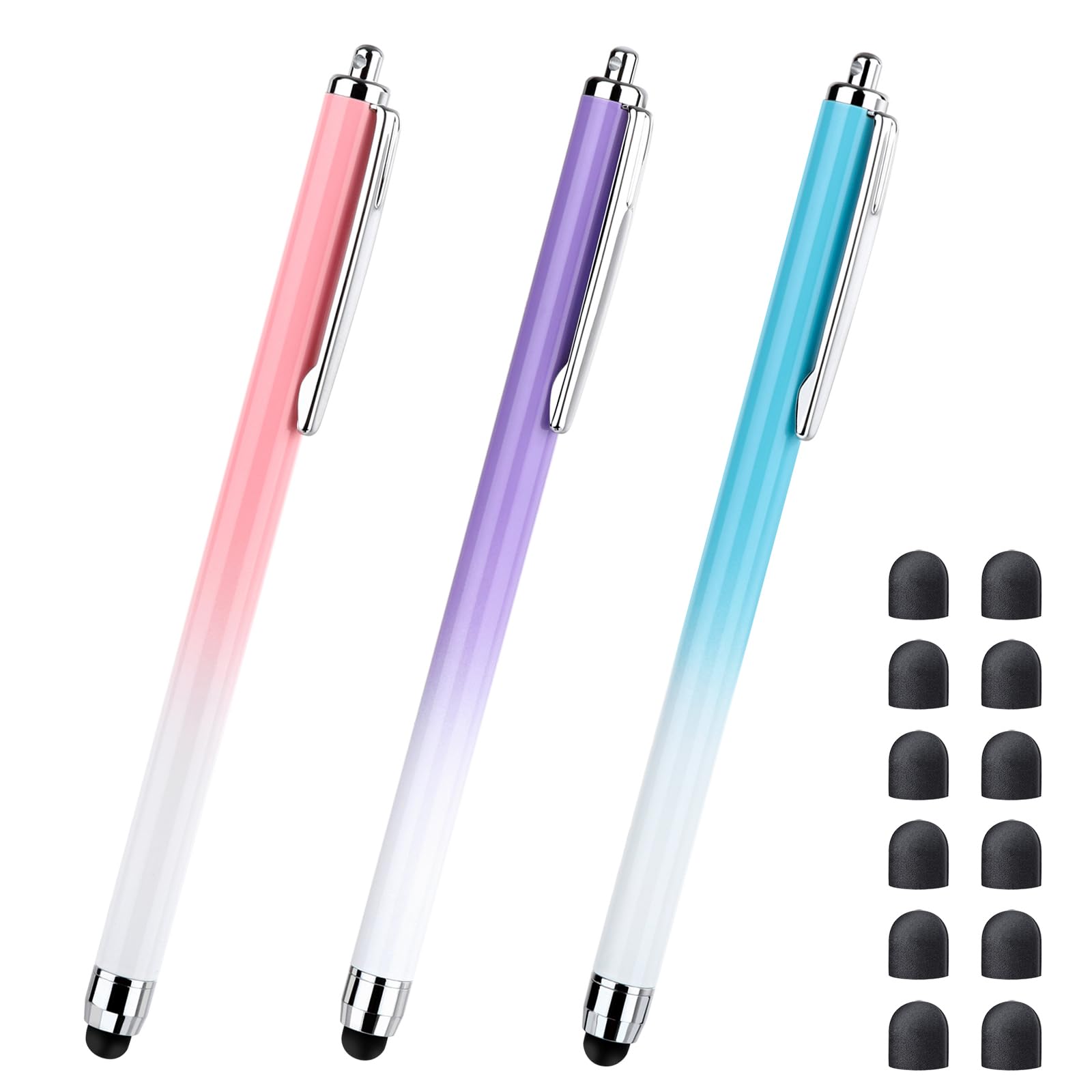Stylus for Touch Screen, 3 Pcs Stylus Pens and 12 Extra Replaceable Rubber Tips (Gradient Pink/Purple/Blue)