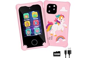 FKATEEN Kids Smart Phone Unicorns Toys for Girls Ages 3-7 with Dual Camera Touchscreen Phone Toys MP3 Music Player for Christmas Birthday Gifts for 3 4 5 6 7 Year Old Girls with 32GB Card