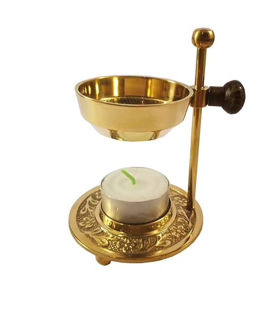 Puja Räucherstövchen Messing Gold, Höhenverstellbar, H 11cm Zum sanften Räuchern mit Teelicht von Weihrauch, Harzen, Kräutern