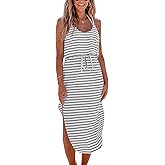 CUPSHE Women's Midi Dress Scoop Neck Ruffled Sleeveless Slit Drawstring Striped Spaghetti Straps A Line Casual Dress Black Striped, M