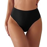 AFOLIRY Women's Sexy High Waisted Ruched Back Cheeky Thong Bikini Swimsuit Bottoms