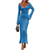 Saodimallsu Womens Crochet Maxi Dress Bell Long Sleeve Sexy V Neck Bodycon Backless Knit Dresses Beach Swim Cover Up