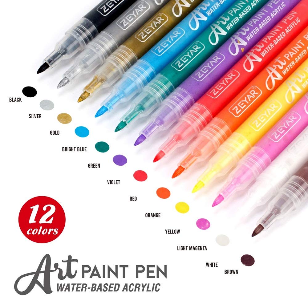 ZEYAR Acrylic Paint Pens, Extra Fine Point, AP Certified, 12 Colors, Water Based, Permanent & Waterproof Ink, Works on Rock, Wood, Glass, Metal, Ceramic and Non porous Surfaces (12 Colors)