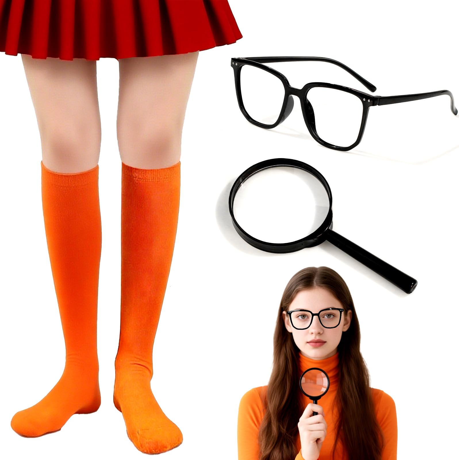 Photo 1 of ****USED VERY DIRTY ****akiido Orange Knee High Socks, Black Fake Round Glasses and Magnifying Glass Prop - 3PCS Halloween Cartoon Cosplay Costume Accessories Set for Women Adult