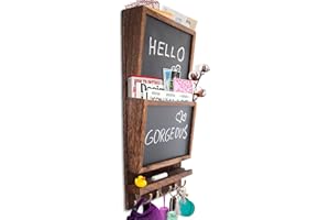 COMFIFY Rustic 2-Slot Mail Sorter Organizer for Wall with Chalkboard Surface & 3 Double Key Hooks - Wooden Wall Mount Mail Holder Organizer – Wall Décor for Entryway Made of Paulownia Wood - Torched Brown