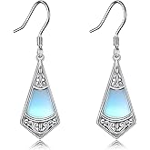 POPLYKE Lotus Hummingbird Bee Earrings 925 Sterling Silver Teardrop Moonstone Amber Onyx Lapis Lazuli Larimar Rose Quartz Moss Agate Dangle Earrings for Women Gemstone Jewelry