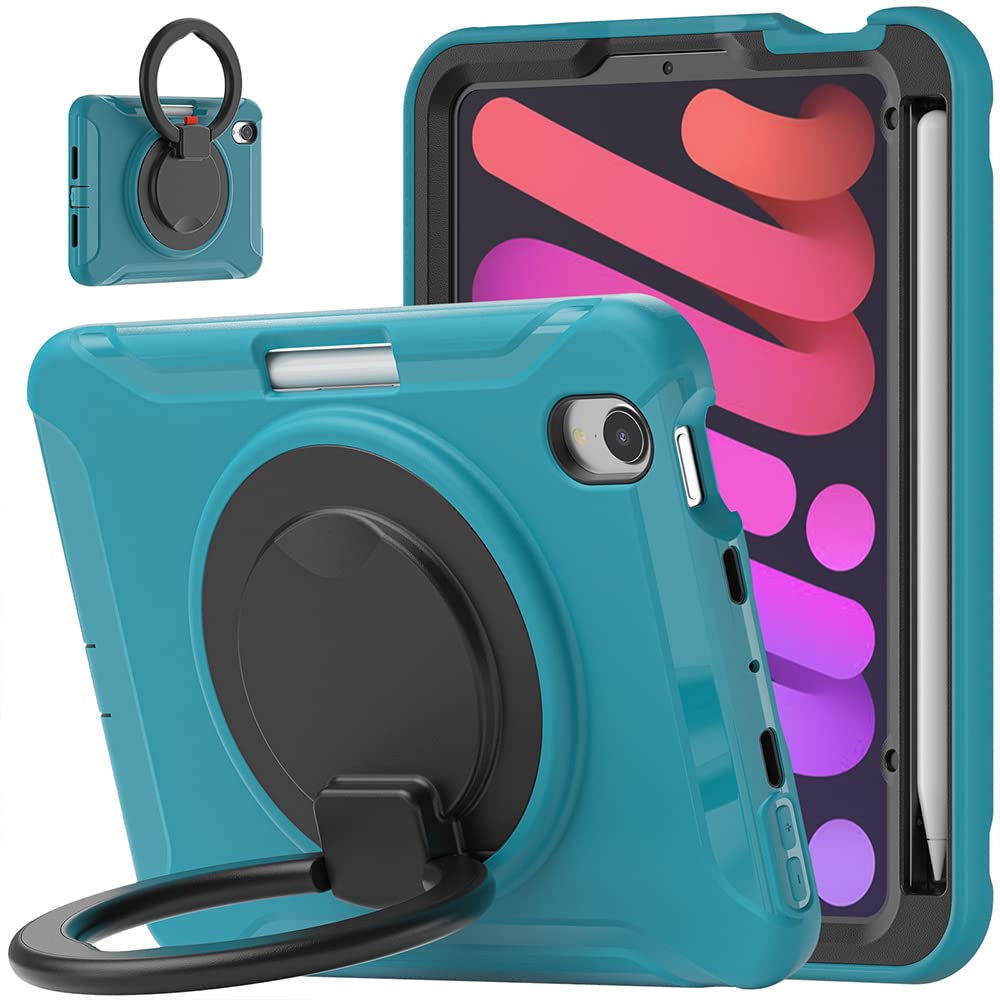 iPad 8.3 inch Mini 6 2021 Case with Pen Holder, Hand Strap & Adjustable Shoulder Strap & Durable Triple Case - Blue