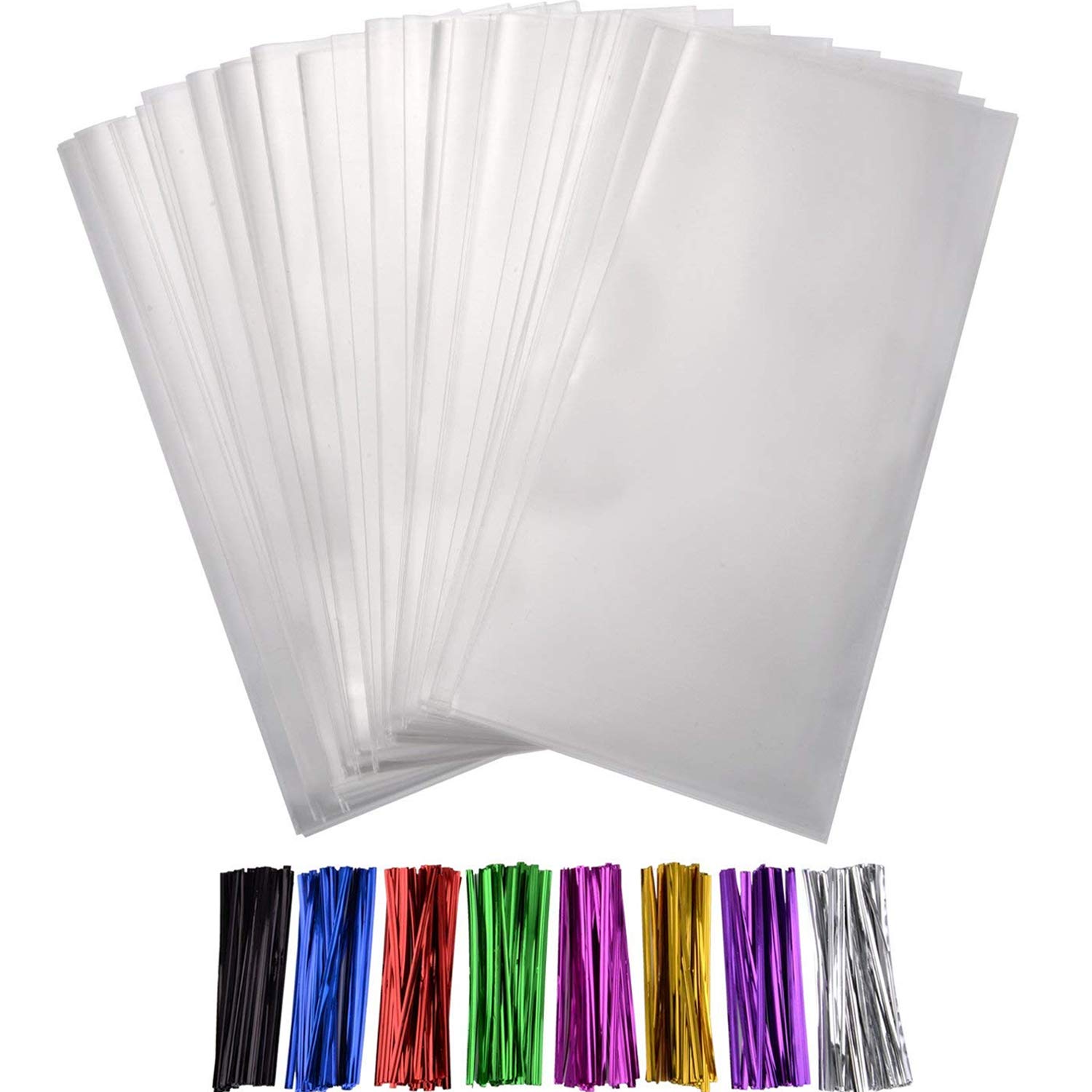 200 Pieces Clear Treat Bags with 8 Mixed Colors Twist Ties 4 Inches for Wedding Cookie Favor