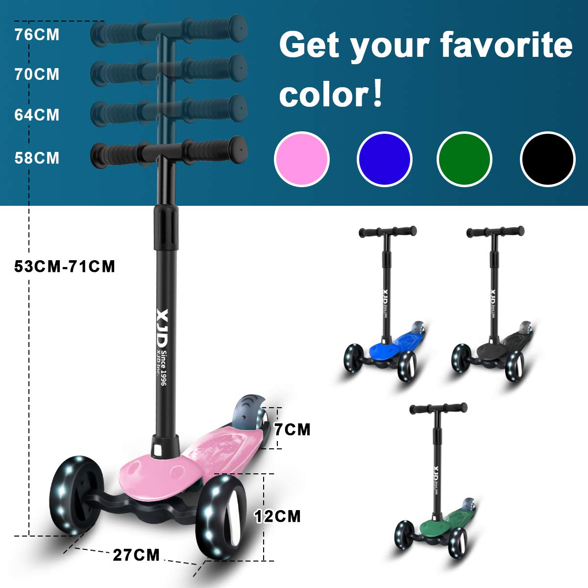 XJD Toddler Scooter Kick Scooter for Kids Great for Kids Boys Girls Light Up 3 Wheels Adjustable Height Children from 2 to 10 Year-Old, Pink