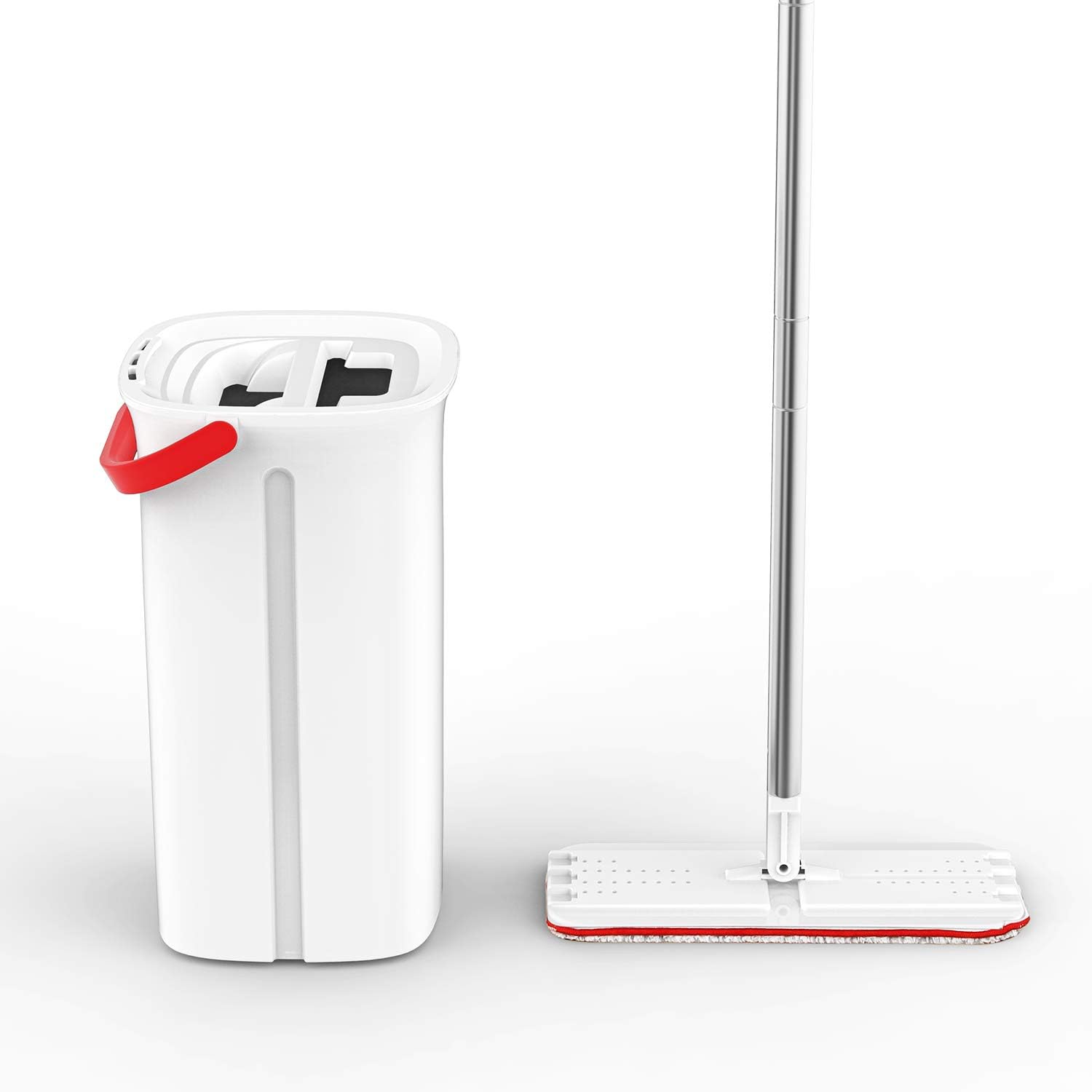 Eyliden Flat Mop and Bucket Set, Wet & Dry Mops for Floor Cleaning, with Stainless Steel Handle + 2-Reusable Microfiber Pads, Home Kitchen Office Cleaner for Hardwood, Tiles, Laminate (White+Red)