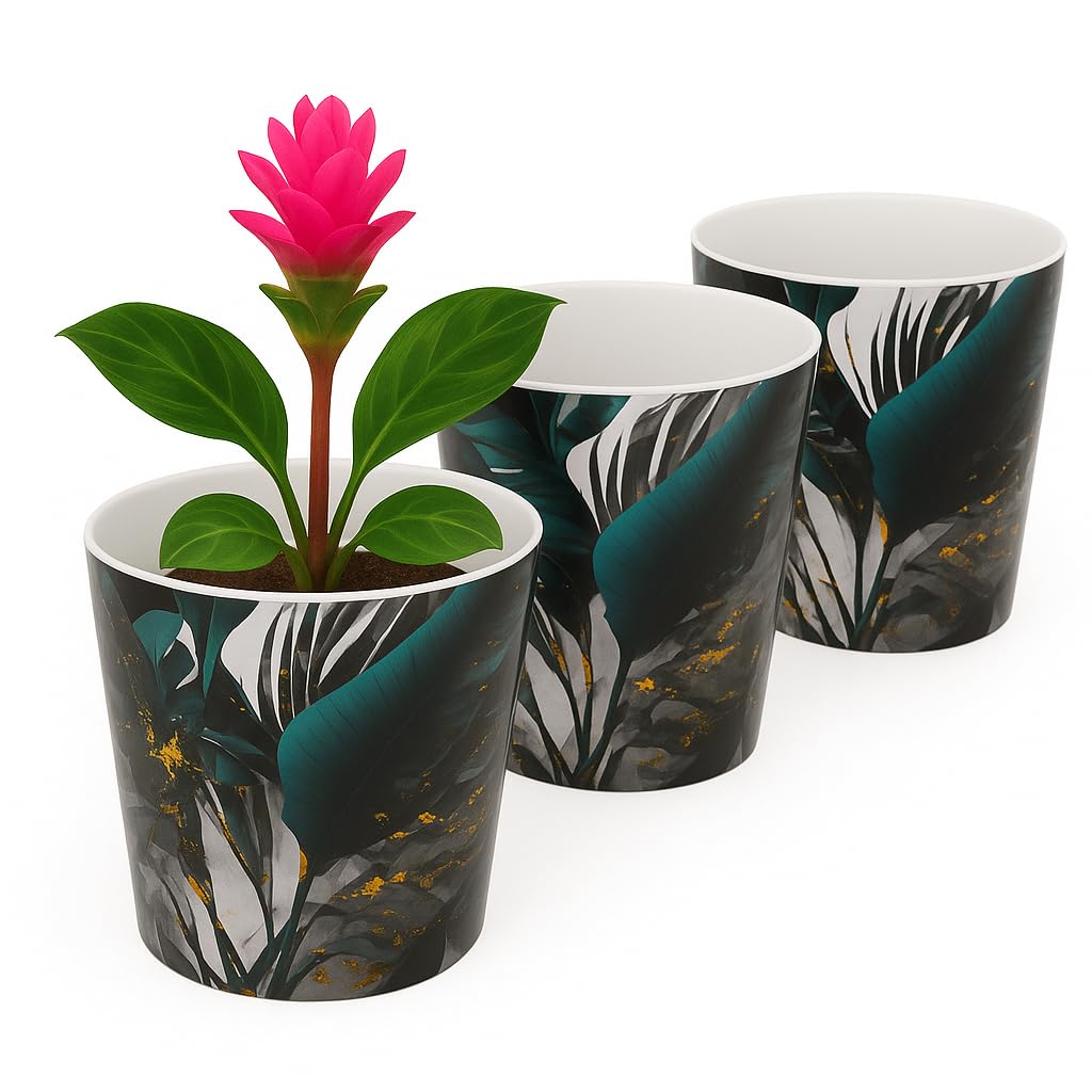Home Garden Ornaments Indoor Plant Pot – Decorative Flower Pots with Inner Cone, Floral & Tropical Design Orchid Planters for Home Décor (13 cm / 5.1 inch – Palm Leaves)