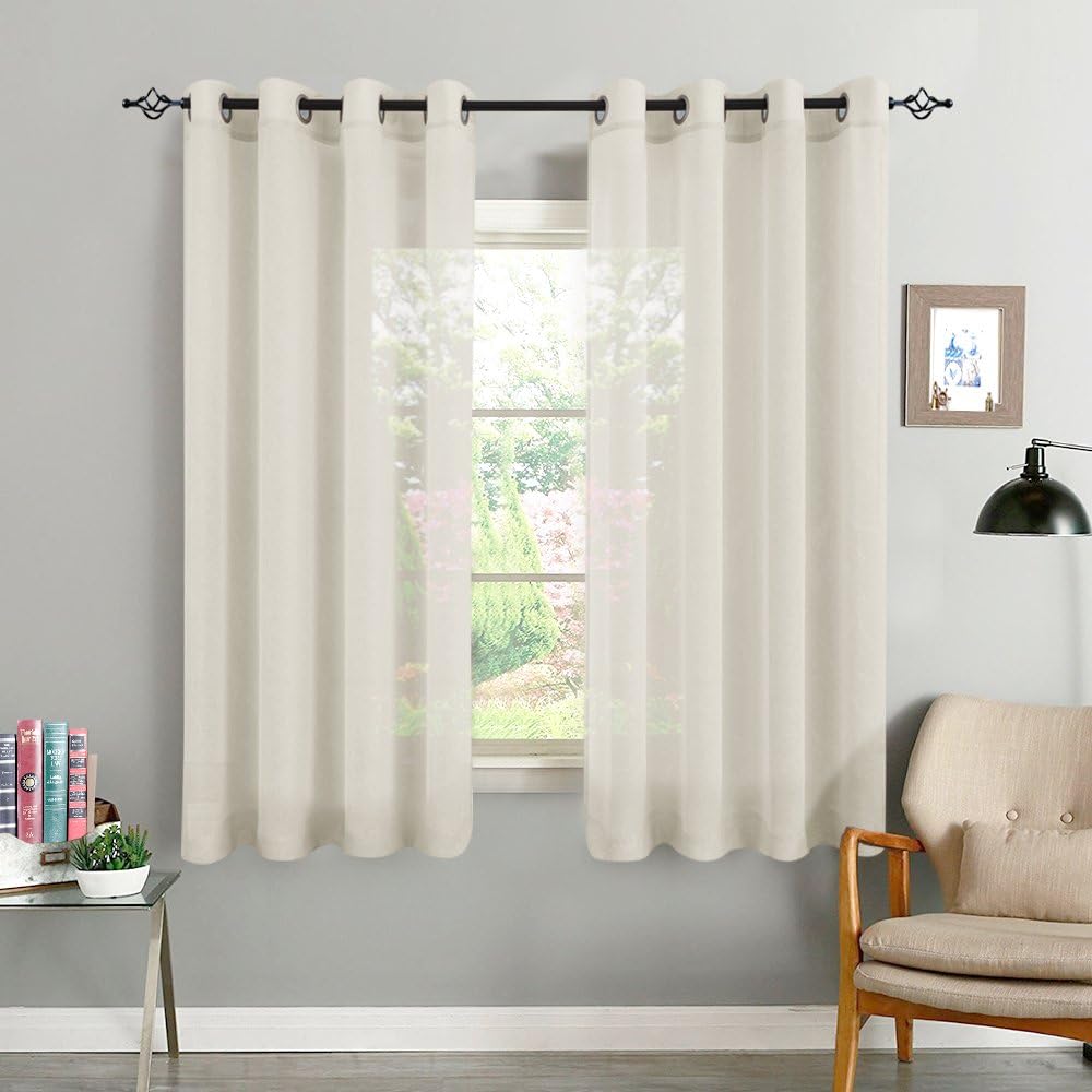 Linen Textured Sheer Curtains for Living Room Eyelet Top Voile Window Panels for Bedroom (Set of Two, 55 by 68 Inch Long, Nature)