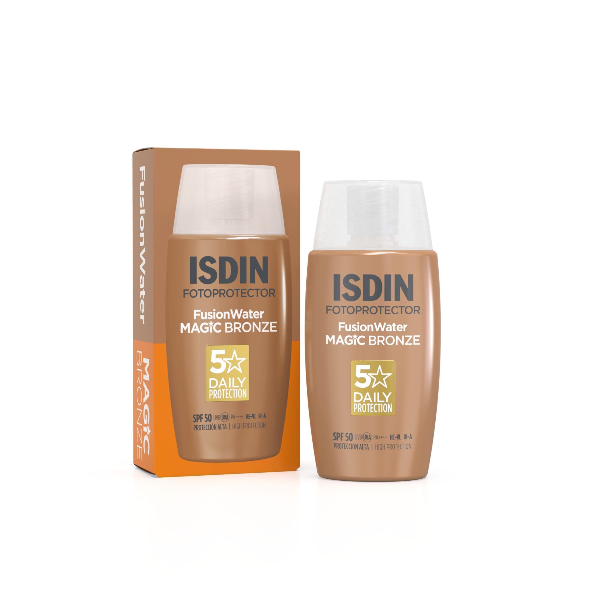 ISDIN Fusion Water Color SPF 50 (Bronze) 50ml, Tinted daily facial sun cream, Ultra-light texture