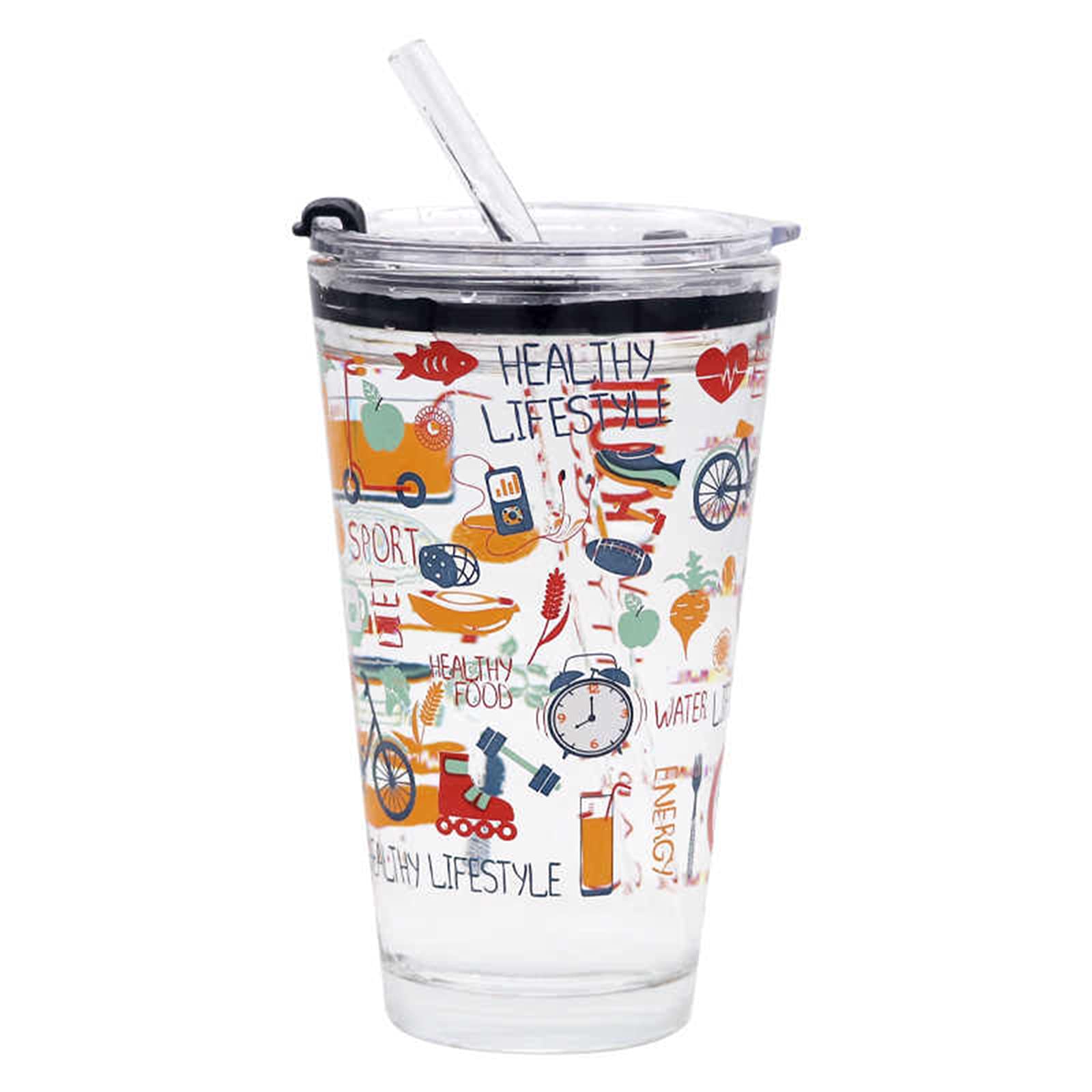 opjgw Recycled Glass Cup 450ml with Handle and Straw Transparent Juice Milk Tea Water Bottle with Lid and Scale Drinking Straw Coffee Cup Glasses (Fruitjuice)