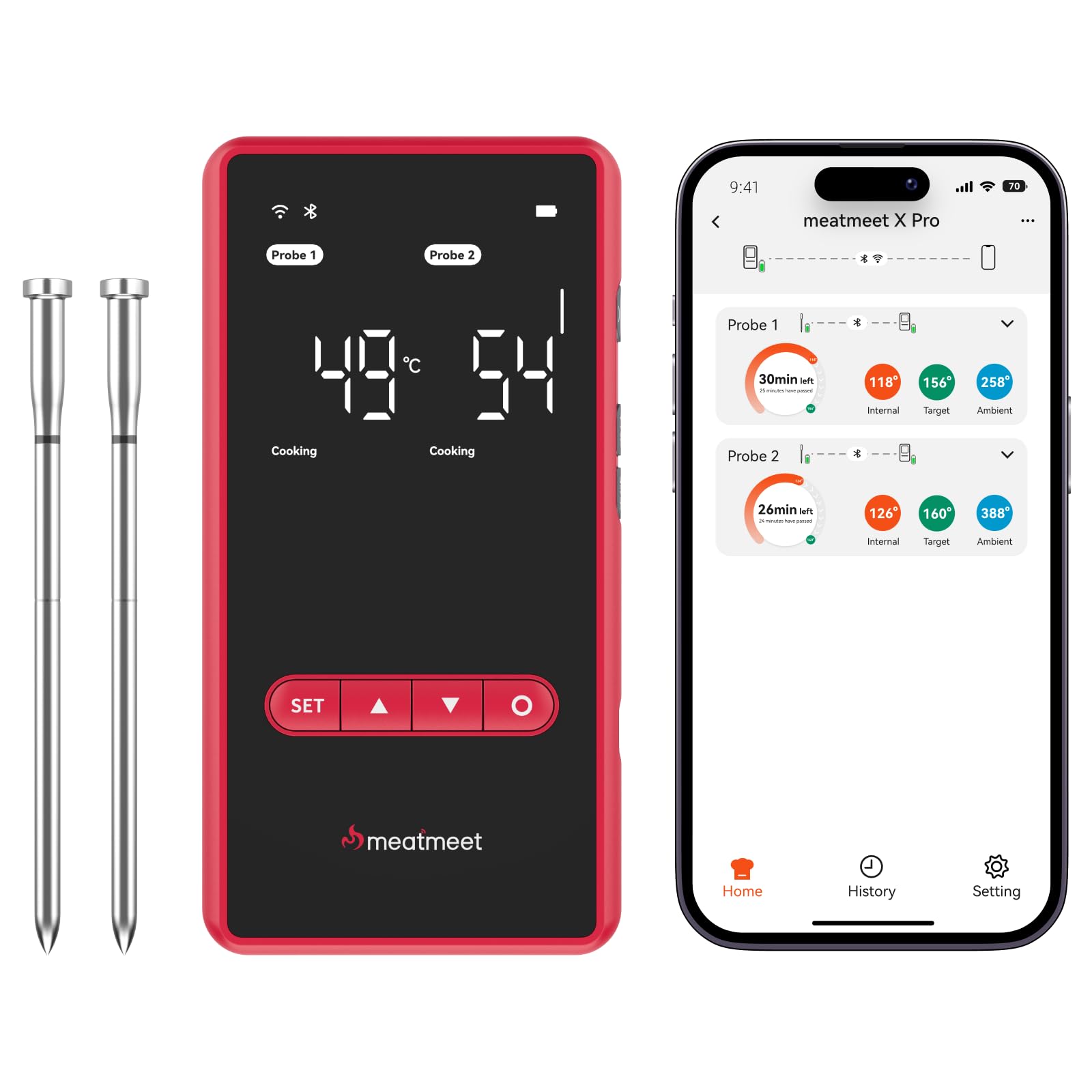 Meatmeet X Pro Smartes Fleischthermometer mit Bluetooth & WLAN, 2 Sonden 6 Sensoren, Einteiliges Edelstahldesign, IP69 Wasserdicht, 582°C Hitzebeständigkeit, Grill Ofen Küche Heißluftfritteuse
