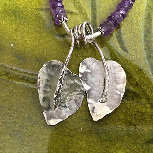 JANECKA Amethyst Gemstone / Sterling Silver Hand Forged Two Leaves / 20" Necklace and Earring Set / February Birthstone