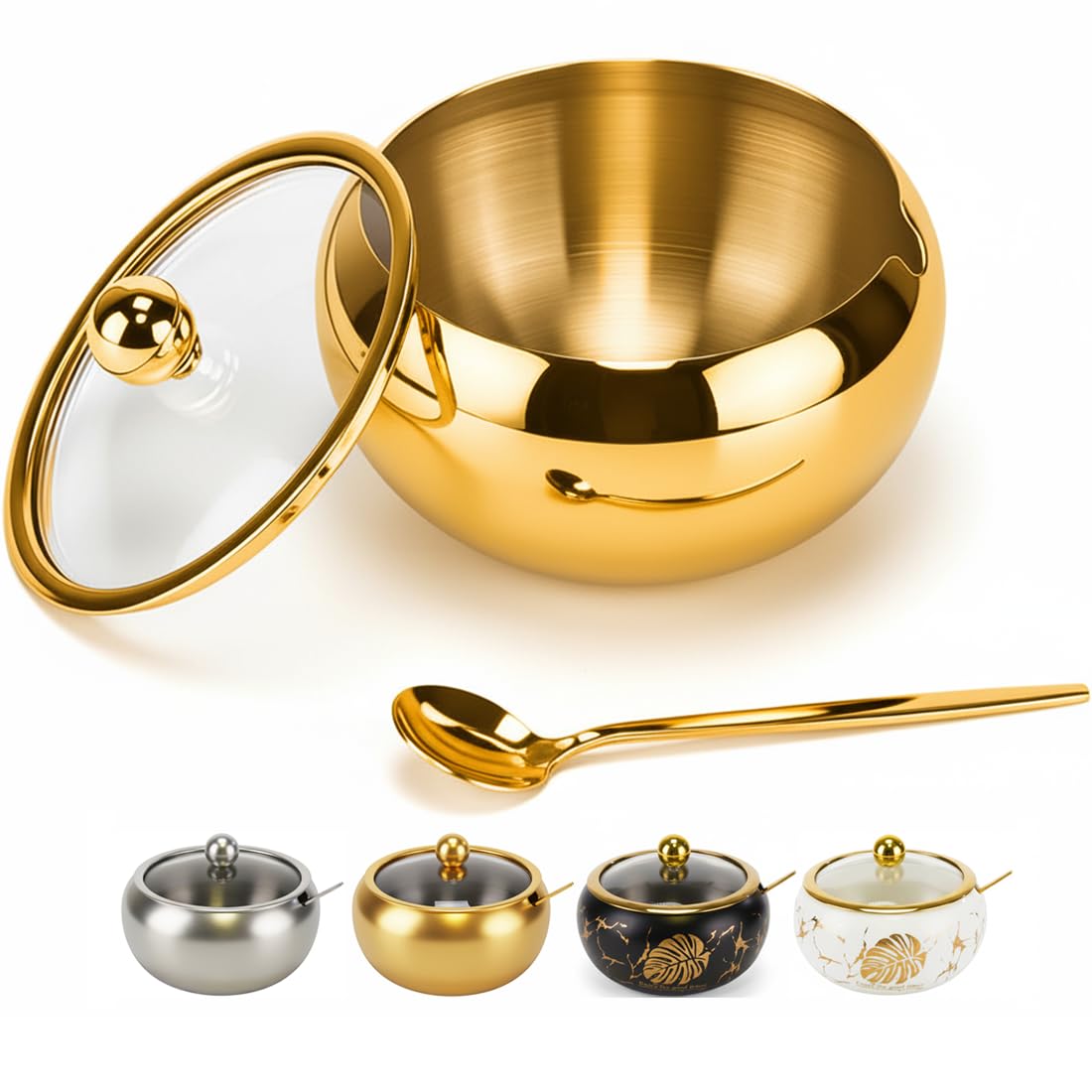 Photo 1 of 15OZ Sugar Bowl with Glass Lid and Spoon, Sugar Container of Coffee Bar Accessories, Stainless Steel Jar for Salt, Tea, Brown Sugar Cube, Dishwasher Safe, Kitchen Decor Countertop Storage, Gold