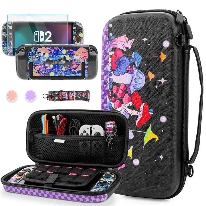 GLDRAM Magical Mushroom Carrying Case for Nintendo Switch 2 (2025) Durable Travel Storage Bag with Glittery Protective Skin Cover Shell & Screen Protector & Shoulder Strap & Thumb Grips for Boys Girls