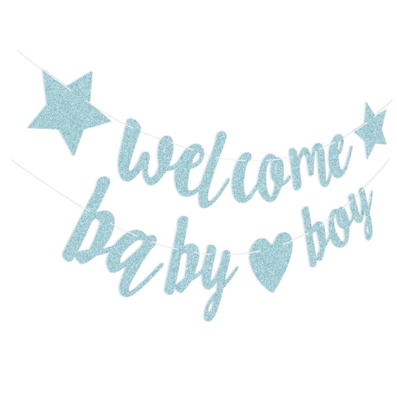 VANZACK Welcome Baby Boy Banner, Glitter Baby Shower Gender Reveal Decoration - Baby Shower Decorations Banners and Signs (boy)