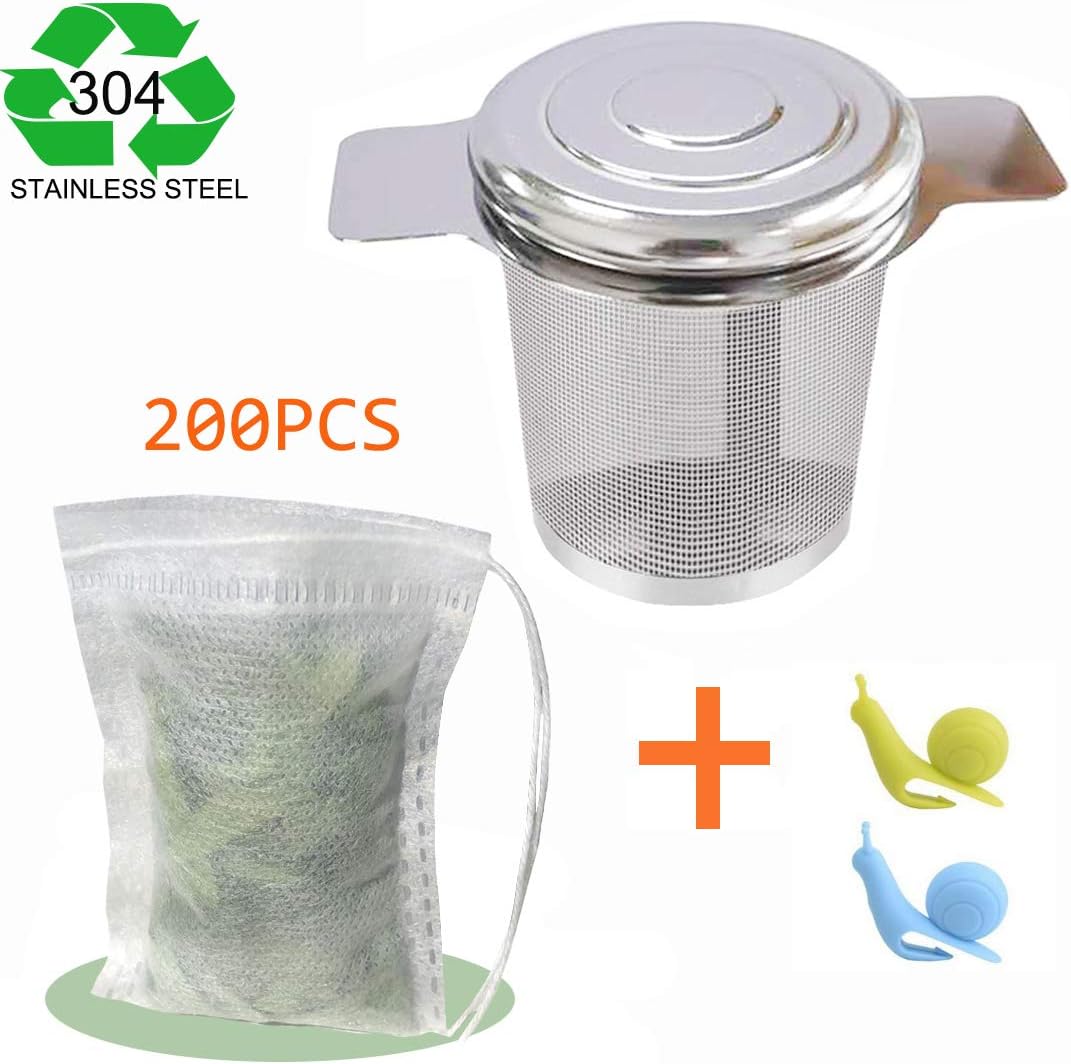 Extra Fine Mesh Large Tea Infuser Basket with Lid 18/8 Stainless Steel Loose Tea Strainer - Fits Standard Cups Mugs Teapots - Plus 200pcs Disposable Tea Filter Bags with String (1002)