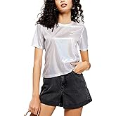Shiny Tops for Women Metallic Holographic Shirt Party Shimmer Sparkle Disco T-Shirt