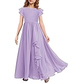 MITILLY Girls Lace Flower Maxi Dress Ruffle Sleeve A-Line Flowy Junior Bridesmaid Chiffon Dresses for Wedding Party