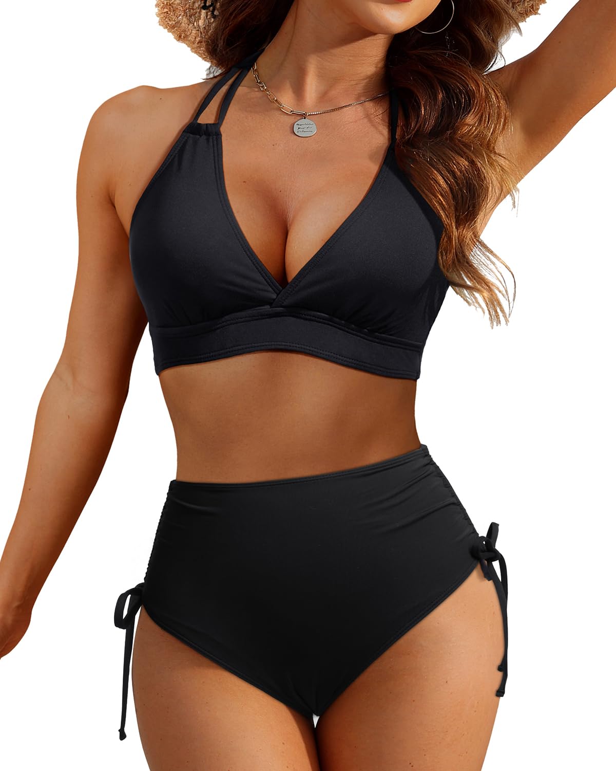Photo 1 of Tempt Me Women Black High Waisted Bikini Set Two Piece Push Up Bathing Suits Halter Swimsuits with Bottoms M