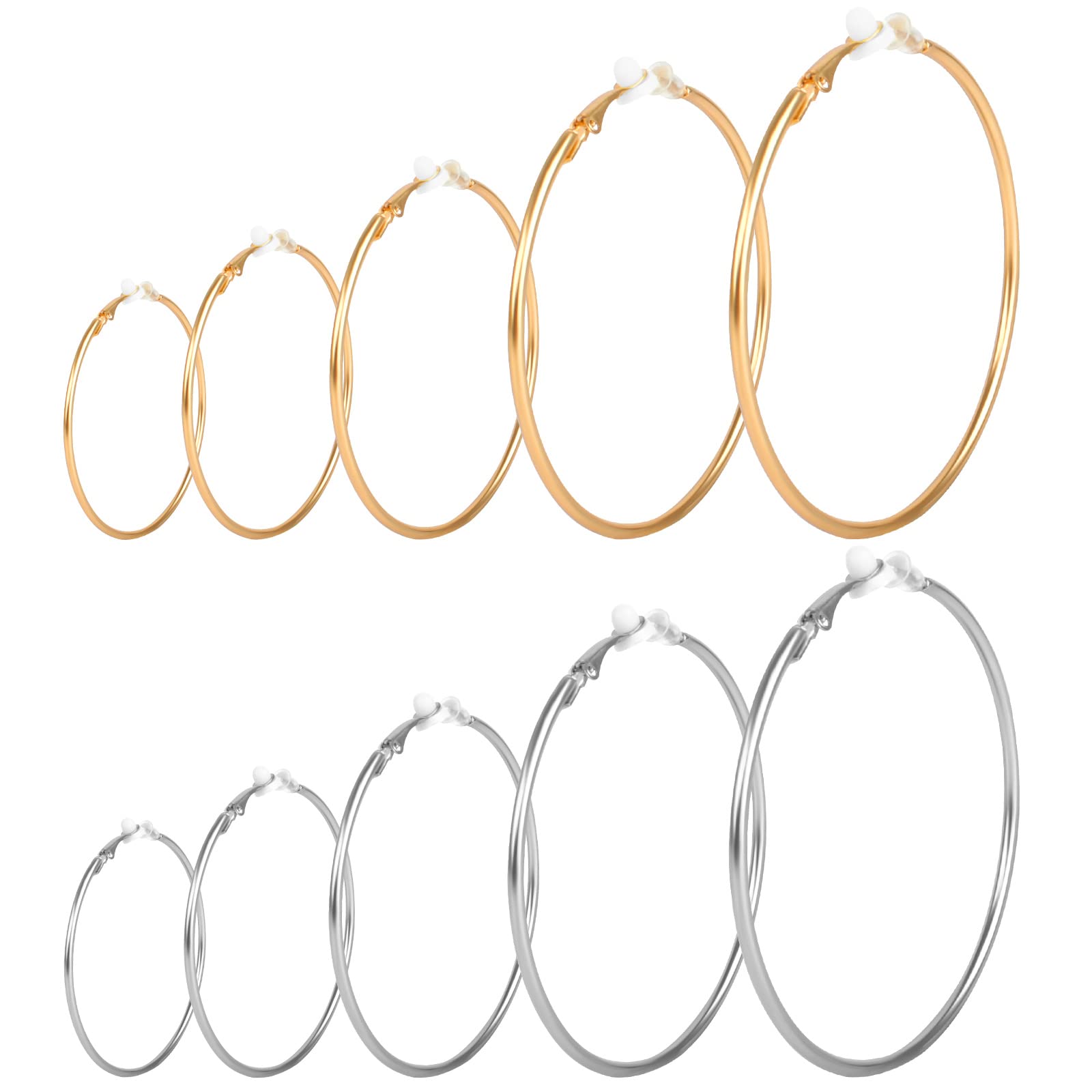 Anruyi 10 Pairs Clip On Hoop Earrings, Fake Earrings Hoops Multi Size Spring Hoop Earrings Non Pierced Earrings Lip Ear Clip for Women and Girls, Gold and Silver, 30-70MM