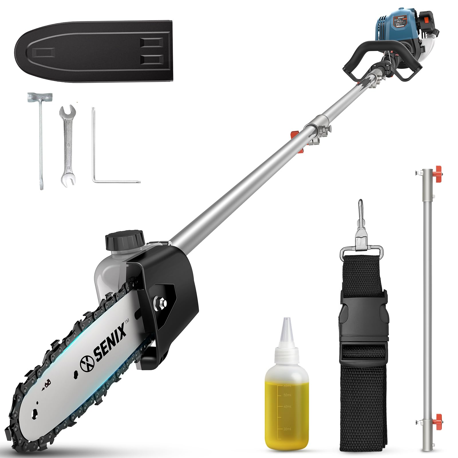 Photo 1 of SENIX CSP4QL-L 4QL 26.5 cc 4-Cycle Gas Powered Pole Saw with 8-Inch Bar and Chain, Chain Saw Tree Trimmer with Adjustable Extension Pole, Harness Included