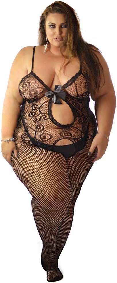 Lace Trimmed Fishnet Bodysuit Bow Catsuit Bodystocking Plus