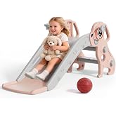 BIERUM Toddler Slide, 4 in 1 Kids Slide for Age 1-3 Indoor Outdoor | Baby Slides with Basketball Hoop &amp; Ring Toss, Puppy Shaped Playset for Toddlers Age 1-3, Pink Gray