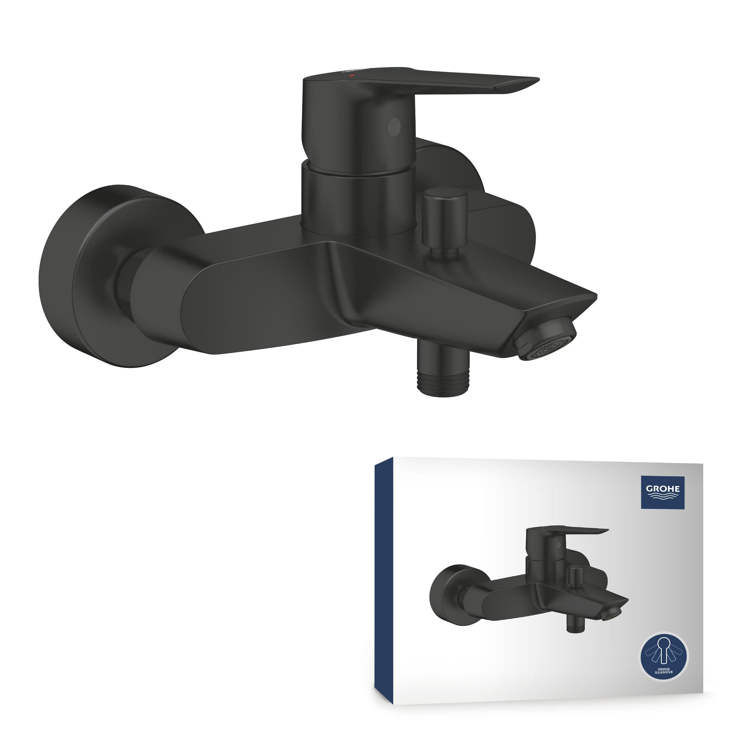 GROHE Start – 1 Lever Bath Filler Mixer Tap (Wall-Mounted, Metal Lever, 35 mm Ceramic Cartridge, Automatic Diverter: Bath/Shower, S-Unions, Metal Wall Escutcheons), Matt Black, 242062432