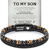 HNLUGF The Guardian - Son's Tiger Eye Protection Bracelet for Men, To My Son Bracelet from Mom Leather Black Beaded Bracelet, Handmade Cuff Inspirational Jewelry for Gift for Christmas Birthday