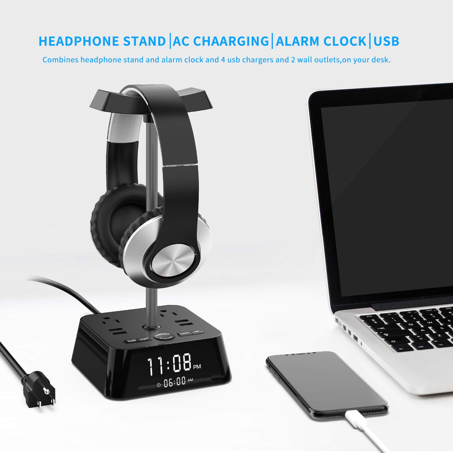 Alarm Clock Charger w/4 USB Ports & 2 Outlets with LED Desk Lamp Night Light and Headphone Stand,Surge Protector Power Strip Charging Station for Bedside,Dorm,Office,Hotel (Snooze,DST,Battery Backup)